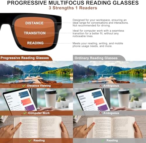 Oversized Progressive Reading Glasses, Photochromic Multifocal Readers for Men & Women with Spring Hinge
