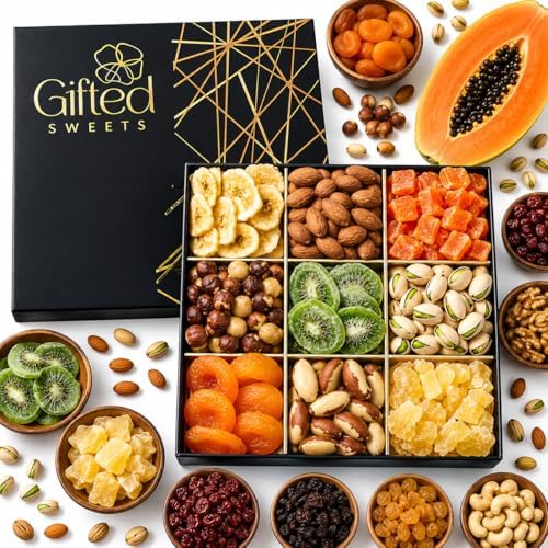 Mothers Day Dried Fruit & Nuts Gift Basket - 9 Variety Assortment Mix - Gourmet Dried Fruit and Nuts Snack Box, In An Elegant Gift Box for Birthday, Anniversary, Sympathy, for Men and Women
