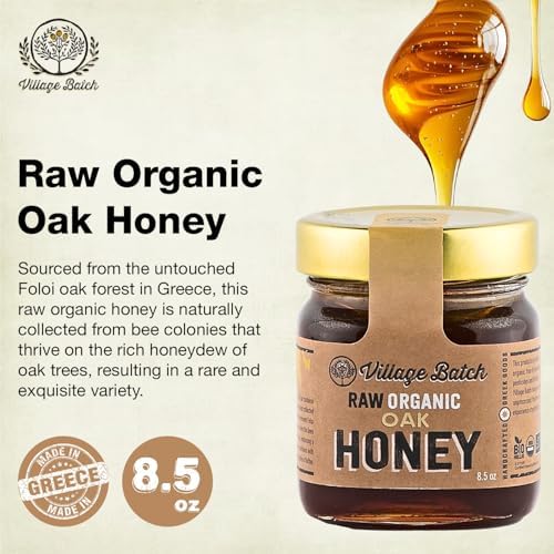 Village Batch Raw Organic Oak Honey 8.5oz Jar (Pack of 1) from Foloi Oak Forest, Dark Amber, Rich Caramel and Toffee Notes, Unfiltered and Unpasteurized Greek-Honey