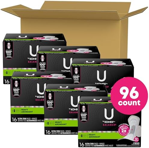 U by Kotex Balance Ultra Thin Pads with Wings, Heavy Absorbency, 96 Count (6 packs of 16) (Packaging May Vary)