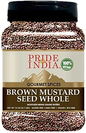 Pride Of India – Brown Mustard Seed Whole – Gourmet Indian Spice – Hot & Spicy Flavor – Ideal Seasoning for sauces/dips/Spice Blends – Easy to Store – 12 oz. Medium Dual Sifter Bottle