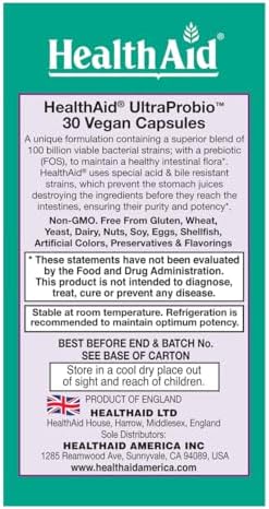 HealthAid UltraProbio, 100 Billion 30ct Once Daily Capsules, Optimum Support, 100 Billion with Prebiotic, Acid & Bile Resistant, Non-GMO