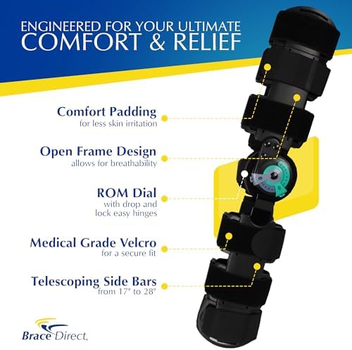 Brace Direct Post-Op ROM T-Scope Knee Brace - Telescoping Range of Motion Hinged Knee Support for ACL, MCL, PCL, Meniscus & Fracture Surgery Recovery Universal Fit (Thigh ≤ 28″, Calf ≤ 16″)