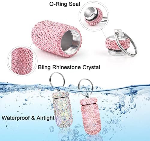 2 Pack Portable Pill Case Bling Rhinestone Pill Container Box Waterproof Medication Holder Organizer Bottle with Keychain for Outdoor Camping Travel Purse Pocket
