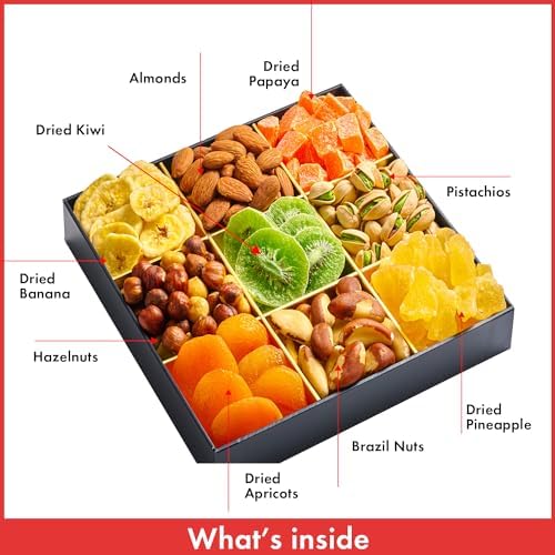Mothers Day Dried Fruit & Nuts Gift Basket - 9 Variety Assortment Mix - Gourmet Dried Fruit and Nuts Snack Box, In An Elegant Gift Box for Birthday, Anniversary, Sympathy, for Men and Women