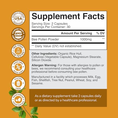 Bee Pollen Pills for Breast Growth 60 Ct - Bee Pollen Supplement 1000mg Serving with Naturally Occurring B Vitamins Minerals & Enzymes - Breast Support Supplement - Vegetarian Non-GMO & Gluten Free