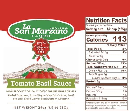 La San Marzano Tomato Basil Sauce, 24 oz, Pasta Sauce Made in Italy, All Purpose Tomato Premium Quality, All Natural, Mediterranean Diet, Non GMO, Vegan, Gluten Free