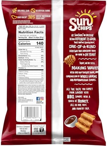 SunChips Honey BBQ 100% Whole Grain Multigrain Chips Snack Pack | Sweet & Smoky BBQ Flavor | 1.5 Oz Individual Bags | Value Pack of 12 | Bundled with Mystery Gift