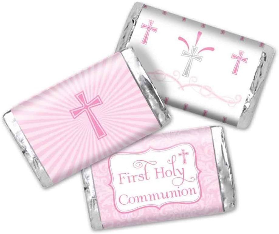 First Holy Communion Mini Chocolate Candy Bar Sticker Wrappers for Girls, 45 1.4" x 2.6" Wrap Around Labels by AmandaCreation, Great for Party Favors