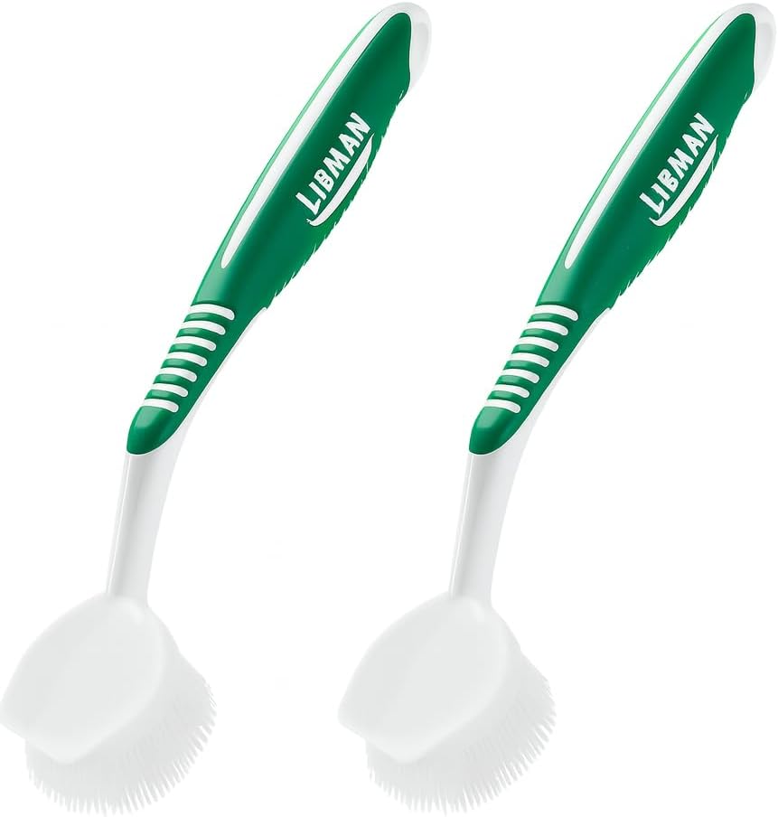 LIBMAN Dish Brush - Soft Bristle Cleaning Brush with Handle - 2 Pk Dish Scrub Brushes with Scraper for Dishwashing Dishes, Pots, Pans, Glassware - Non-Slip Comfort Grip Handle
