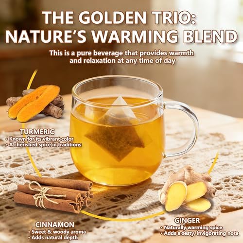 30 Turmeric Ginger Cinnamon Tea Bags, 100% Natural Ingredients Herbal Tea, Turmeric Ginger Herbal Blend for Wellness & Digestive Support, Vegan, No Sugar, Caffeine-Free, Smooth & Warming Taste