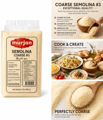 Murjan Coarse Semolina #3, 2 lb (908 g) – Premium Durum Wheat Semolina Flour, Coarse Grind, Vacuum Sealed for Freshness, Product of Turkey, Perfect for Pasta, Couscous & Baking