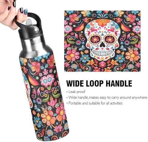 Skull Day Of The Dead Water Bottle Kids Insulated Sports Vacuum Stainless Steel Mug with Straw Lid & Handle 20 oz