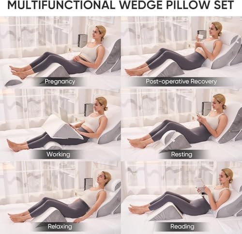 OAISZ 4 PCS Wedge Pillow Set for After Surgery, Memory Foam Orthopedic Bed Wedge Pillow Set, Adjustable Bed for Sleeping, Acid Reflux Relief, Post Surgery Recovery, Back Support, Leg Elevation, Gery