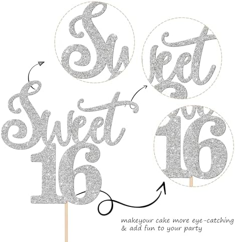 Rsstarxi 1 Pack 16th Birthday Cake Topper Glitter Sixteen Sweet 16 Cake Pick Cheers to 16 Years Sweet 16 Birthday Cake Decorations for Hello 16th Birthday Anniversary Party Decors Silver