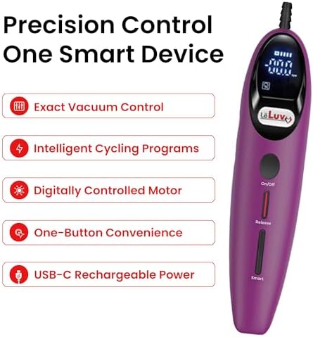LeLuv Magna LCD Smart Handheld Electric Vacuum Pump Handle — USB-Rechargeable Precision Vacuum Controller with Manual & Smart Modes, Release Safety, Professional Vaccum Tool - Smooth Purple Silicone