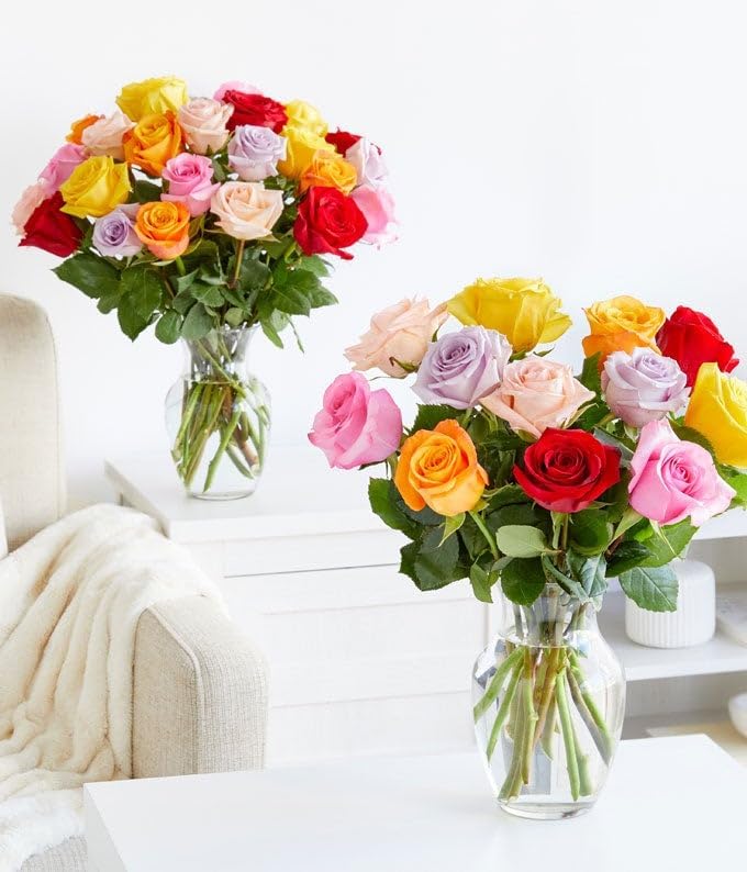From You Flowers - One Dozen Rainbow Roses with Chocolates & Bear with Glass Vase | Fresh Flower Bouquets for Birthday, Anniversary, Get Well or Celebration
