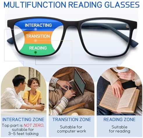 2 Pack Progressive Multifocus Reading Glasses Men Unbreakable TR90 Frame Temple Large Size Readers with Metal Inlays