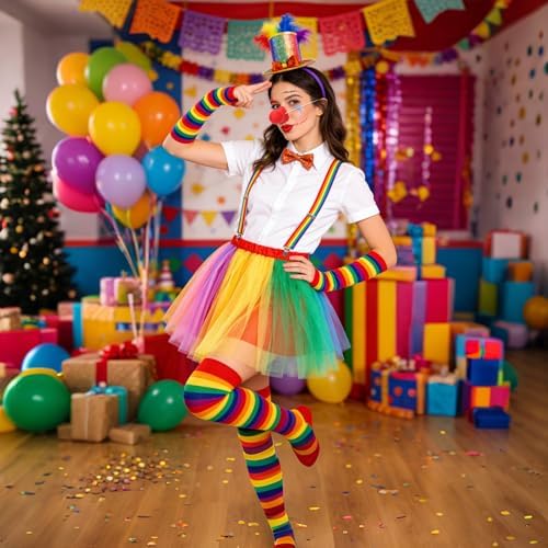 7pcs Clown Costume with Rainbow Tutu Clown Nose Face Stickers Feather Headband and Rainbow Socks Gloves Suspenders