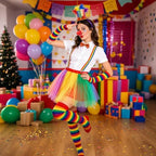 7pcs Clown Costume with Rainbow Tutu Clown Nose Face Stickers Feather Headband and Rainbow Socks Gloves Suspenders