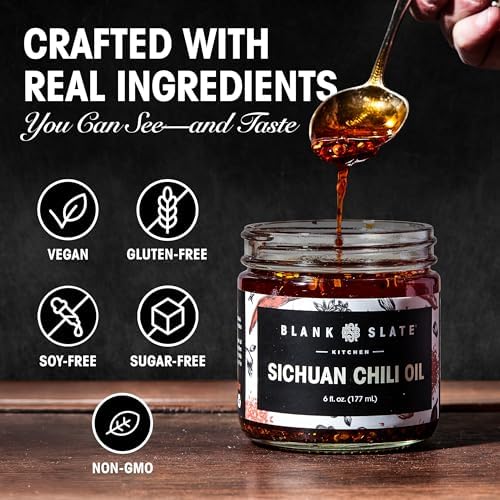Blank Slate Kitchen Sichuan Chili Oil (6 Oz) | Gourmet Spicy Tingly Numbing Umami Hot Sauce | Authentic Chinese Mala | Vegan, Gluten-Free, Sugar-Free, Non-GMO, No MSG