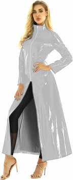 Unisex Men Women Wetlook PVC Leather Dress Long Sleeve Coat Clubwear Female Nightclub Rave Party Pole Dance Performance Costumes (2X-Large,Silver,XX-Large)