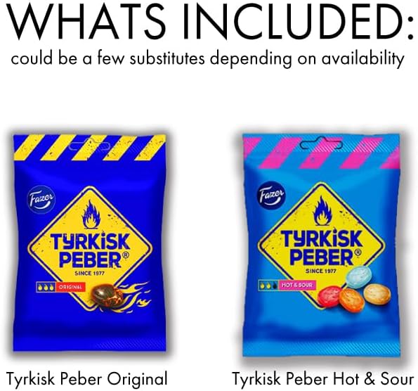 Fazer Tyrkisk Peber Original 150g and Tyrkisk Peber Hot & Sour 150g set SÖPÖSÖPÖ Pack Variety 2 Pack Care Package Treats Gift Basket Boxes Pack