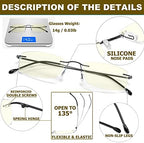 2 Pack Titanium Rimless Reading Glasses Anti Blue Light Glare Filter, Ultralight Spring Hinge Readers for Men Wowen