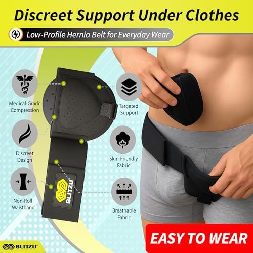 BLITZU Inguinal Hernia Support Belt for Men & Women, Adjustable Left or Right Side Hernia Truss with Removable Compression Pad, Slim Groin Support Belt for Everyday Wear Grey L-XL