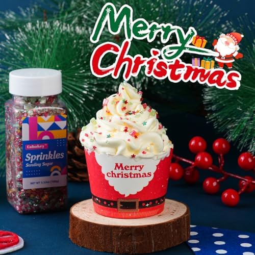 Christmas Red Sanding Sugar Edible Gold Glitter Stars Mix Sugar Sprinkles for Cake Decorating Sparkling Sanding Sugar for Cupcake Toppers Cookie Decorations Wedding Party Celebrations 3.5oz