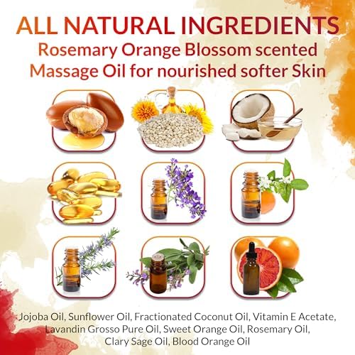 Massage Oil for Couples, Women & Men (1 Bottle, 8 fl oz) - Fox Envy Orange Blossom with Rosemary Scented Sensual Oil with Coconut Oil & Jojoba Oil - Enhances Stimulation for The Body & Muscles