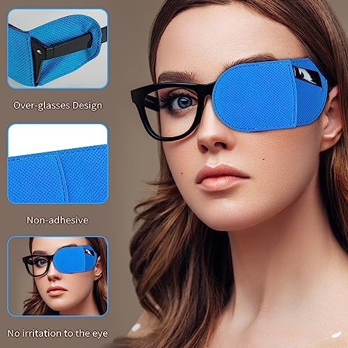 12Pcs Eye Patches for Glasses, Reusable Non-Woven Fabric Eye Patch Medical for Adult Kids Left Right Eye, Eyepatch for Glasses Treat Lazy Eye Amblyopia Strabismus for Left & Right Eyes (Black&Blue)