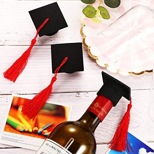 Hicarer 12 Pack 2026 Mini Graduation Caps with Tassels Red Small Grad Hat Cake Wine Bottle Toppers for Graduation Party Decorations