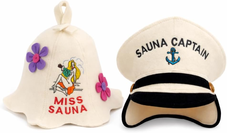 Sauna Hat 'Captain and Miss Sauna' White - 100% Organic Wool Felt Hats for Russian Banya - Protect Your Head from Heat - English Sauna eBook Guide Included - with Embroidery