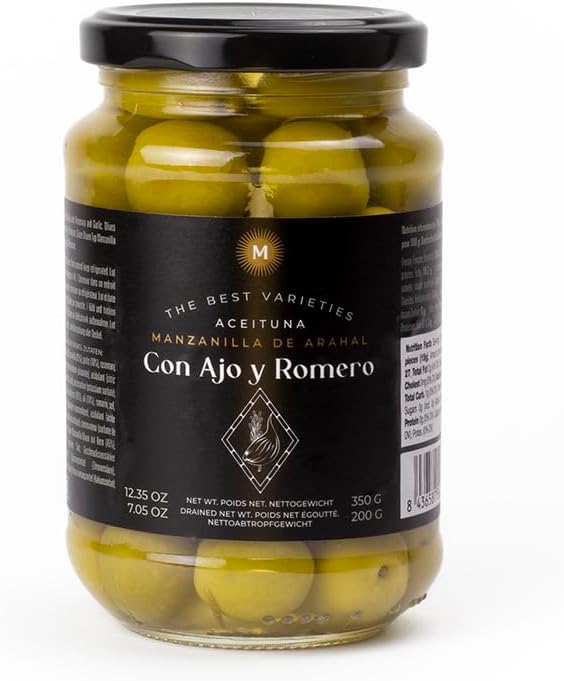 Triana Olivas by Don Gastronom. Whole Manzanilla Olives with Rosemary & Garlic. 350g (12.35oz).