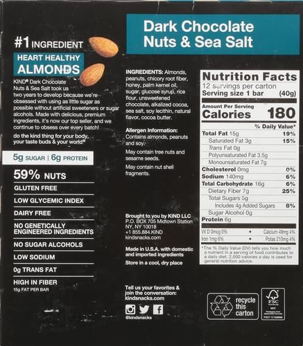 KIND Nut Bars, Dark Chocolate Nuts and Sea Salt, Healthy Snacks, Gluten Free, Low Sugar, 6g Protein, (Pack of 24)