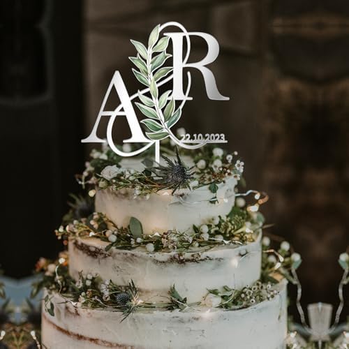 Personalized Wedding Cake Topper in Acrylic Custom Bride and Groom Initial Cake Topper Cake Decoration (Green Leaves)