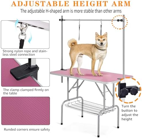 Professional Dog Pet Grooming Table Adjustable Heavy Duty Portable w/Arm & Noose & Mesh Tray (Pink, 36")