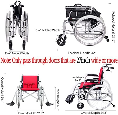 Magnesium Wheelchair 21lbs Lightweight Self-propelled Chair with Travel Bag and Cushion, Portable and Folding 17.5” W Seat, Park & Brake Anti-Tipper, Swing-Away Footrests, Ultra-Light, Red