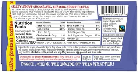 Tony's Chocolonely 42% Dark Milk Chocolate Bar with Pretzel and Toffee Belgium Chocolate, No Artificial Flavoring, Fairtrade & B Corp Certified - 6.35 Oz