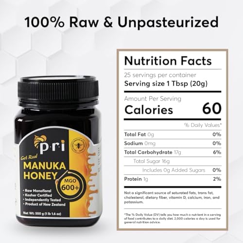 P.R.I Manuka Honey MGO 600+, High‑Potency Monofloral New Zealand Honey, Cool‑Processed & QR‑Traceable (500g/1.1lb)