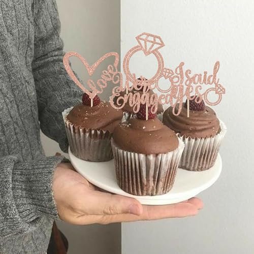 Rsstarxi 24 Pack We're Engaged Cupcake Toppers Glitter Diamond Ring Love Sweet Heart Cupcake Picks She Said Yes Cake Decorations for Wedding Engagement Bridal Shower Party Supplies Rose Gold