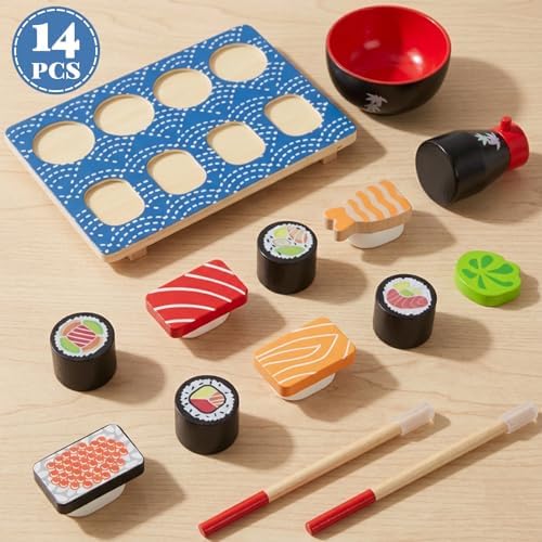 Sushi Slicing Play Food Set, Wooden Pretend Play Kitchen Toys for Kids 3+, Sushi Food Play Learning Toy for Girls Boys