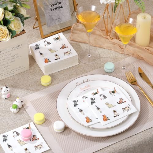 Frienda 60 Pcs Sweet Cat Life Cocktail Napkins 5 x 5 Inch Disposable Beverage Paper Napkins Decorative Dinner Decor for Baby Shower Birthday Home Table Party Supplies