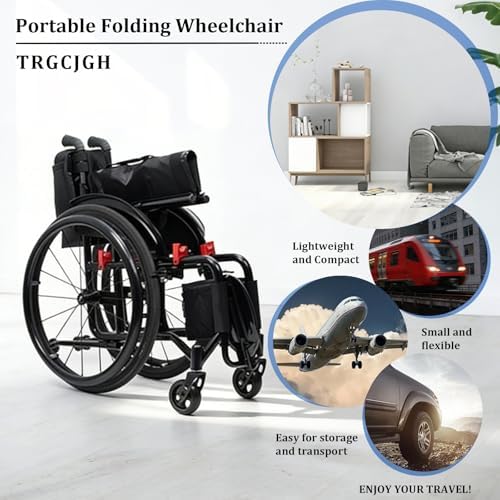 Portable Ultra Lightweight Folding Wheelchair, Self-propelled Manual Chairs, with Handbrakes and Quick Release Rear Wheels(Blue,16.5in Seat Width)