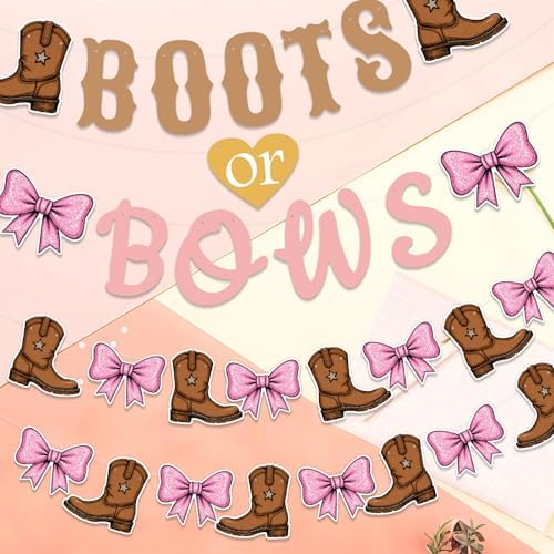 Boots or Bows Gender Reveal Decorations, Boots and Bows Gender Reveal Party Supplies for Brown Pink Western Cowboy or Cowgirl Pink and Brown Banner Garland for Baby Shower Boy or Girl
