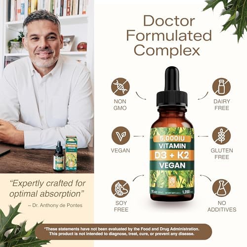 NATURTREU Vegan Vitamin D3 K2 Liquid Drops with MCT Oil for Adults (240 Servings) - Liquid Vitamin D K2 MK7 - All Natural, Non-GMO & Dr Formulated with 3X More Absorption - Third-Party Tested