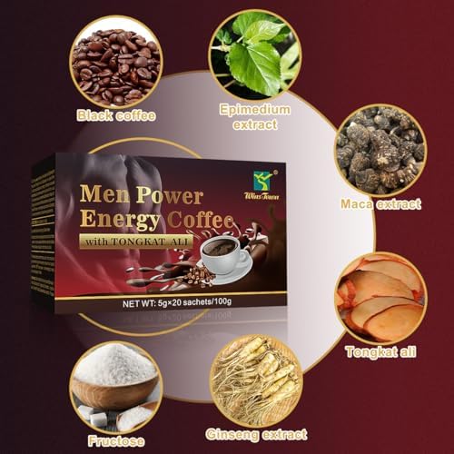 Men's Herbal Energy Coffee-Instant Black Coffee with Maca, Tongkat Ali, Epimedium&Ginseng–Boost Focus, Energy&Stamina–20 Sachets