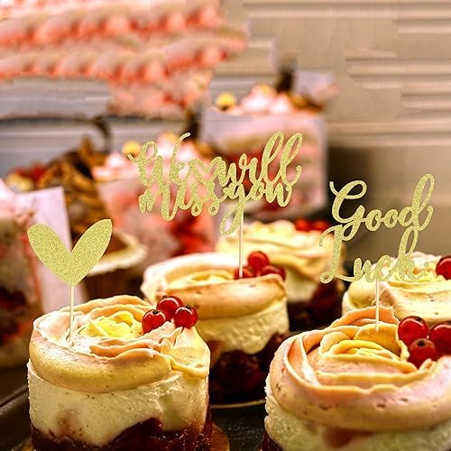 24Pcs We Will Miss You Cupcake Toppers Glitter Red Love Heart Good Luck Cupcake Picks Retirement Theme Going Away Party Cake Decorations - Gold Glitter