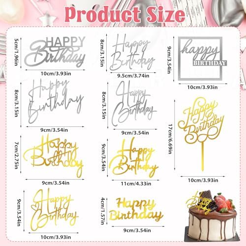 10Pcs Happy Birthday Cake Toppers 10 Styles Gold Silver Mirror Acrylic Cake Topper Side Cake Decorations Cupcake Topper Pick Cake Inserts Happy Birthday Sign for Cake Birthday Party Desserts Pastries